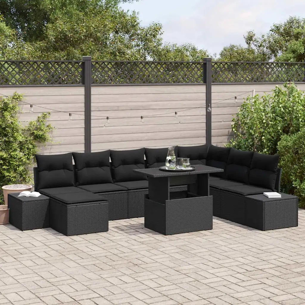 Set Divano da Giardino con cuscino 9 pcs Nero polyrattan