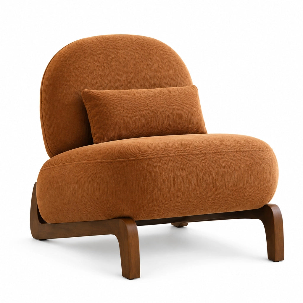 Poltroncina senza braccioli in tessuto e legno caramello