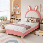 Letto imbottito 90x200 cm con LED e testiera a forma di coniglio in PU rosa