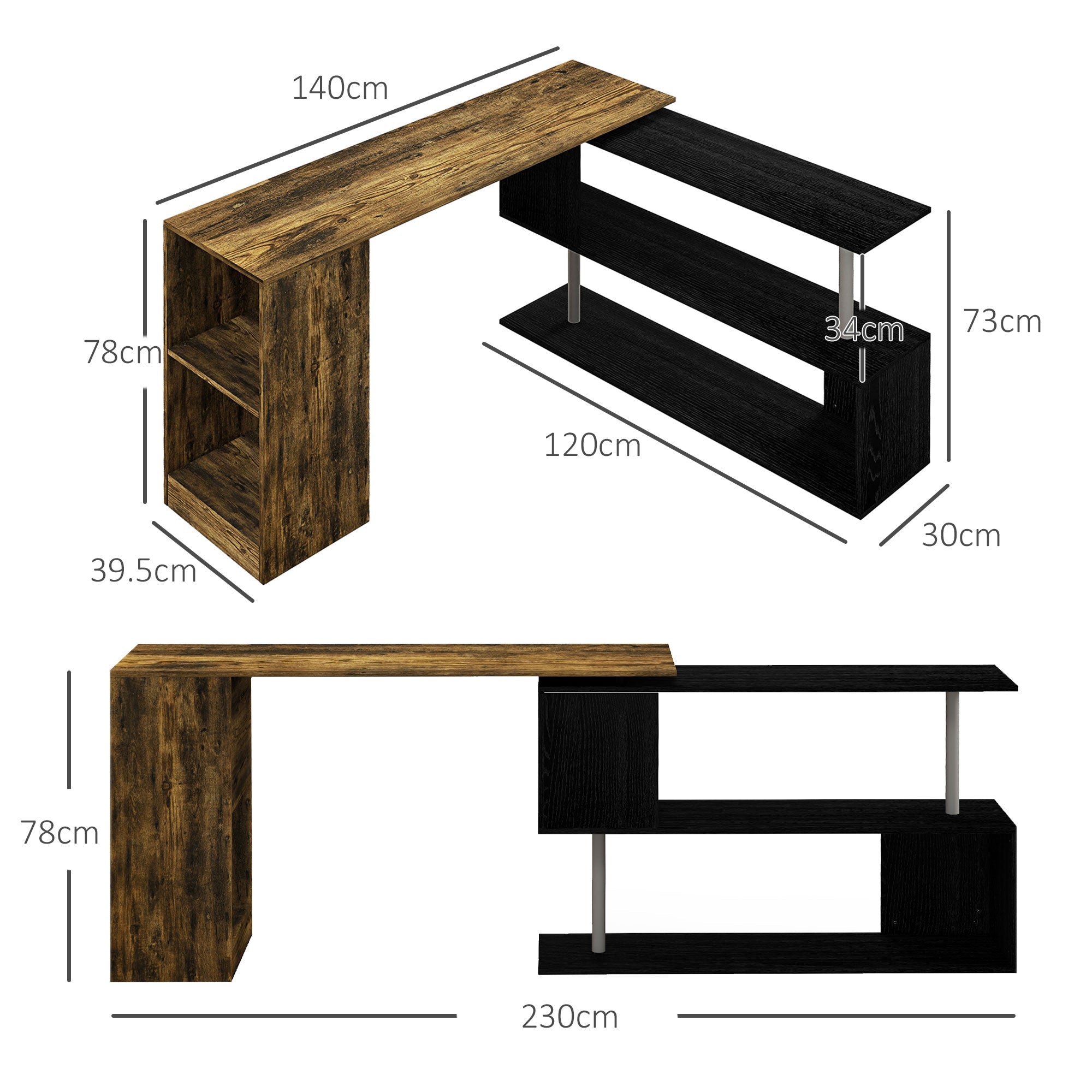 Scrivania Angolare da Ufficio 140x120x78 cm con Cassetti e Scaffale Girevole Marrone e Nero