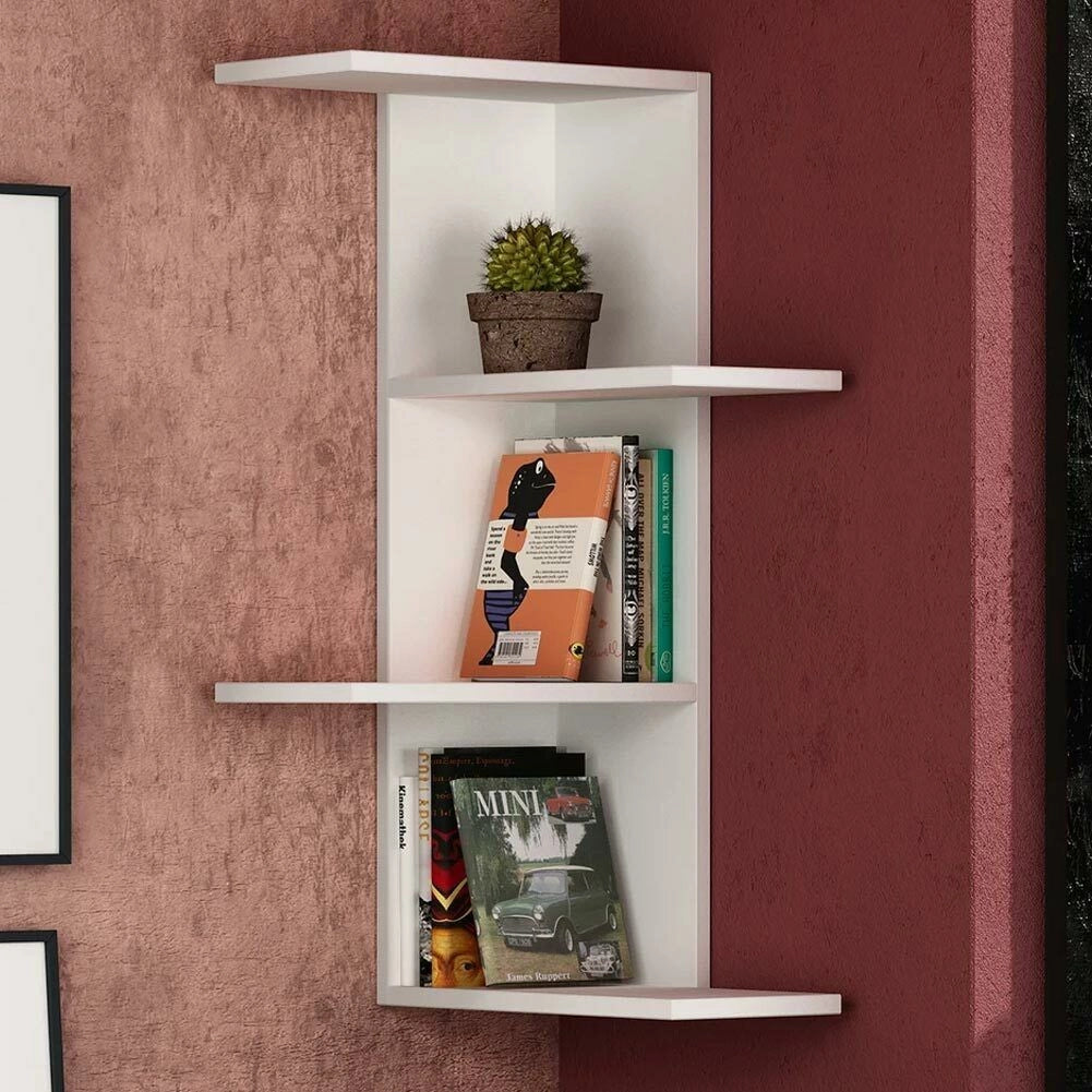 Libreria Scaffale Mensole Parete Angolare Moderna 4 Ripiani Angolo Bianco Legno