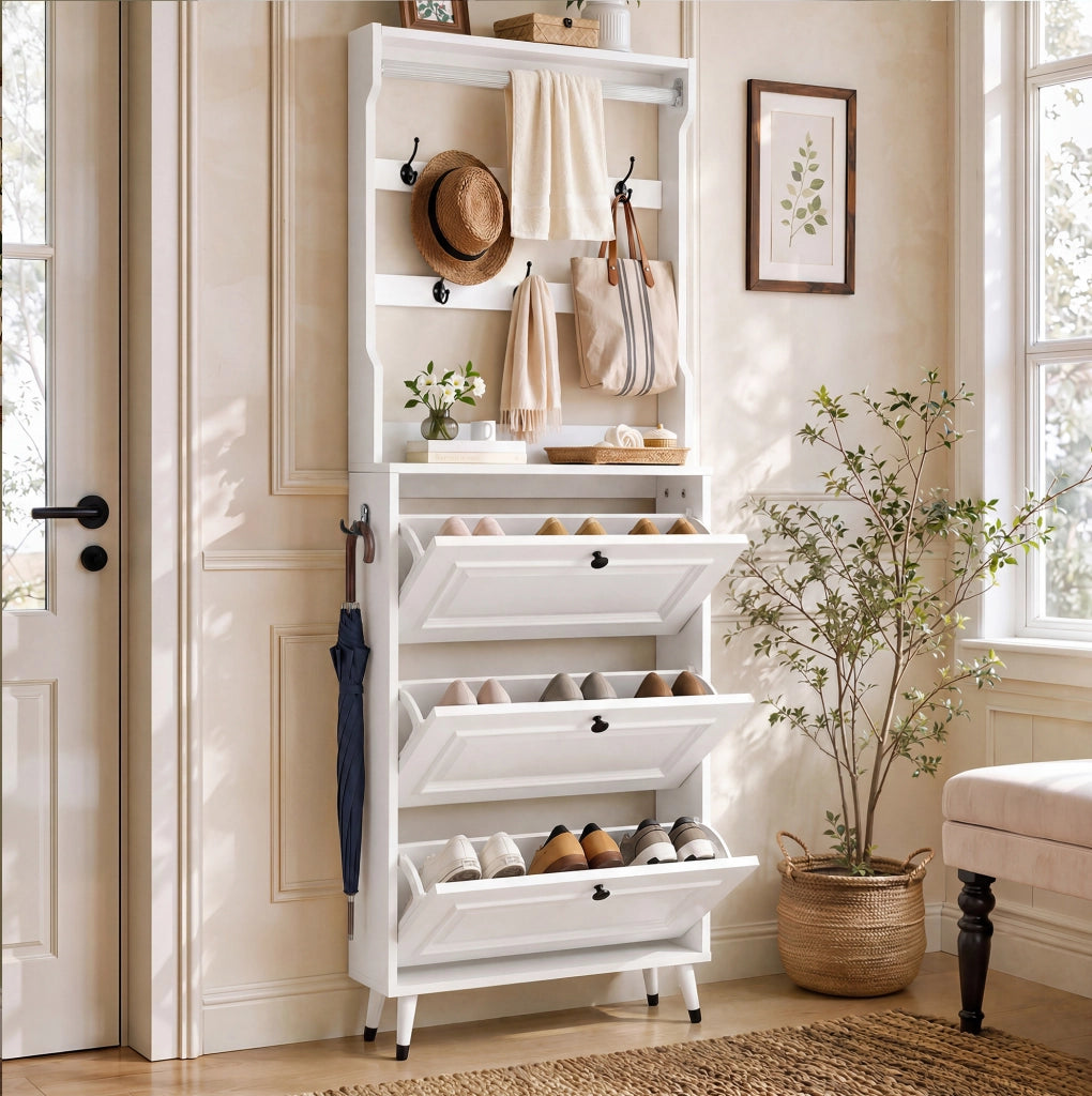 Guardaroba da ingresso 66x17x180 cm con appendiabiti e portascarpe in MDF e truciolare bianco