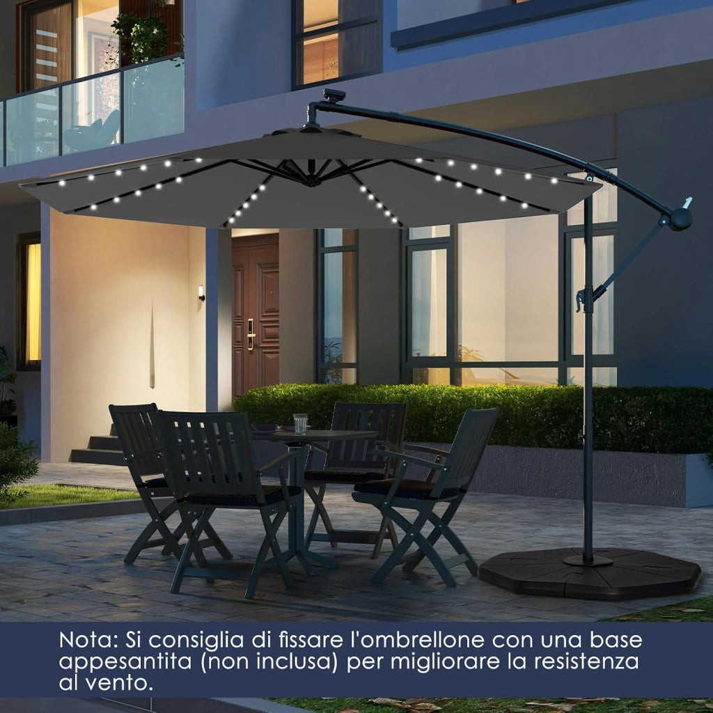 Ombrellone da Giardino 300 cm, 40 Luci LED Solari, Anti-UV, Inclinazione Regolabile, Manovella, 8 Stecche per Esterno Piscina Patio (Grigio)