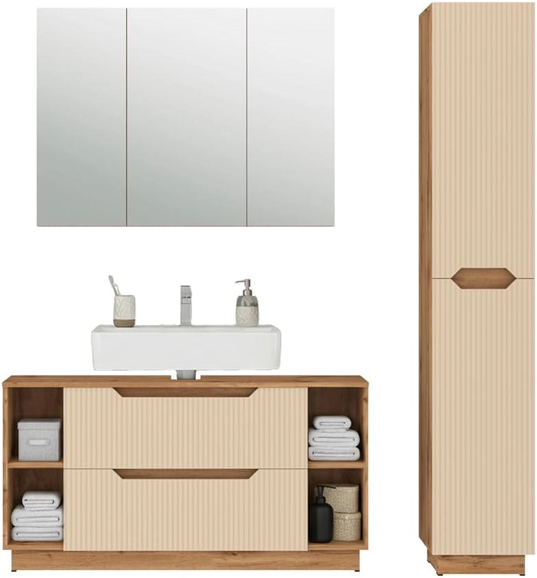 Set di mobili da bagno Lotta, Rovere/cashmere a righe, 3 parti