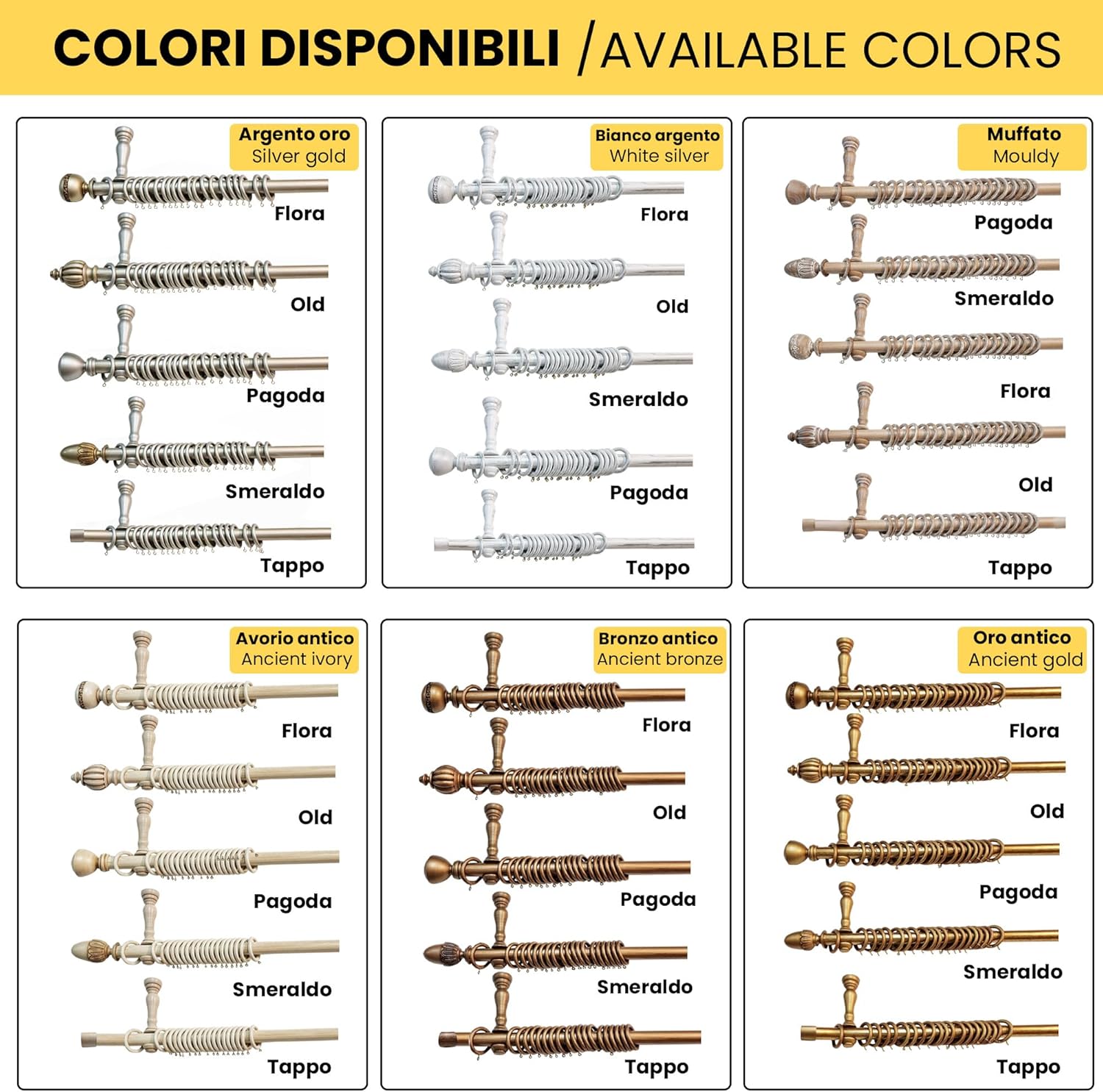 Bastone Tenda in Legno di Alta Qualità, diametro 35 mm a strappo colore bianco argento terminale flora lunghezza 200 CM