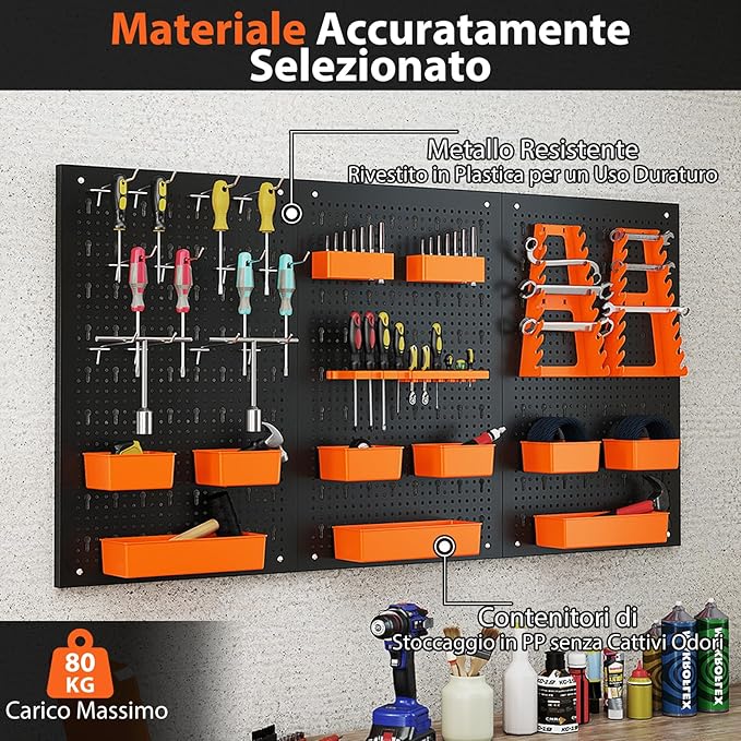 Pannello Forato da Muro, Organizzatore con 9 Contenitori, Supporti per Martelli, Portautensili e Ganci, Ideale per Garage e Officina (Arancia)
