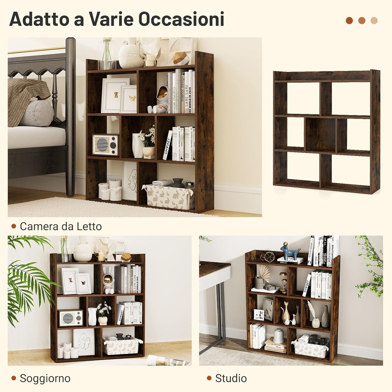 Libreria a Cubi con 7 Scomparti, Mensola Espositiva per l'Archiviazione, Libreria in Legno con Dispositivi Anti-Ribaltamento, per Studio Soggiorno, 80x20x90 cm (Caffè)