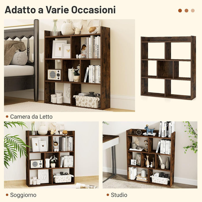 Libreria a Cubi con 7 Scomparti, Mensola Espositiva per l'Archiviazione, Libreria in Legno con Dispositivi Anti-Ribaltamento, per Studio Soggiorno, 80x20x90 cm (Caffè)