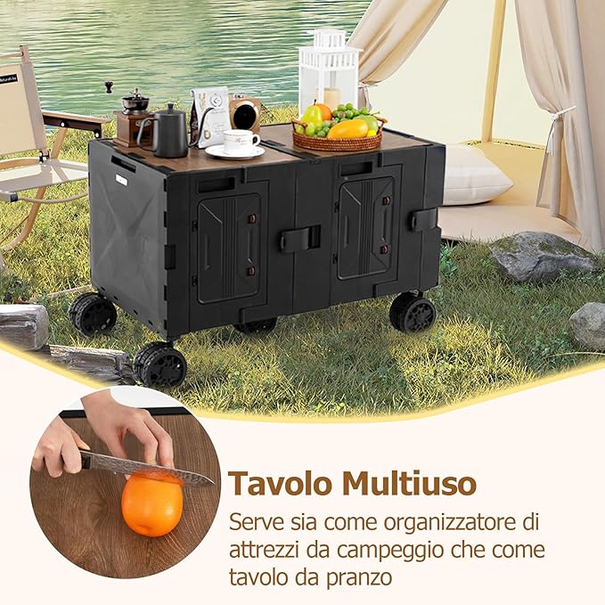 Carrello da Spiaggia Pieghevole 150 L, Carrello con Ruote Portatutto con Armadio a 2 Livelli e Manico Telescopico in Metallo, Carretto Giardino Portatile per Campeggio, Portata 120 kg (Nero)