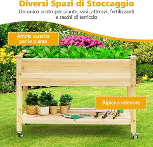 Letto da Giardino Rialzato, Fioriera da Esterno Alta con Ruote Bloccabili e Rivestimento Protettivo, Aiuola Rialzata per Orto, Fiori e Verdure da Cortile e Patio,120 x 59 x 84 cm