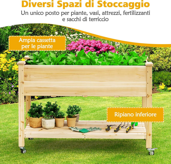 Letto da Giardino Rialzato, Fioriera da Esterno Alta con Ruote Bloccabili e Rivestimento Protettivo, Aiuola Rialzata per Orto, Fiori e Verdure da Cortile e Patio,120 x 59 x 84 cm