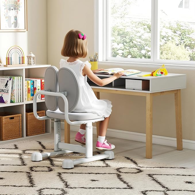 Sedia da Scrivania per Bambini 3+ Anni, Sedia Imbottita per Studiare con Doppio Supporto Lombare e Altezza Regolabile, Chair da Compiti per Casa e Scuola, Portata 100 kg (Grigio)