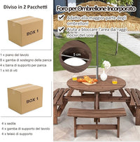 Set Tavolo da Giardino con 4 Panche Integrate, Legno Massiccio, con Foro Ombrellone, per 4-8 Persone, Tavolo Rotondo da Picnic per Esterno, Ogni Panca Porta 225 kg, 178 x 178 x 70 cm