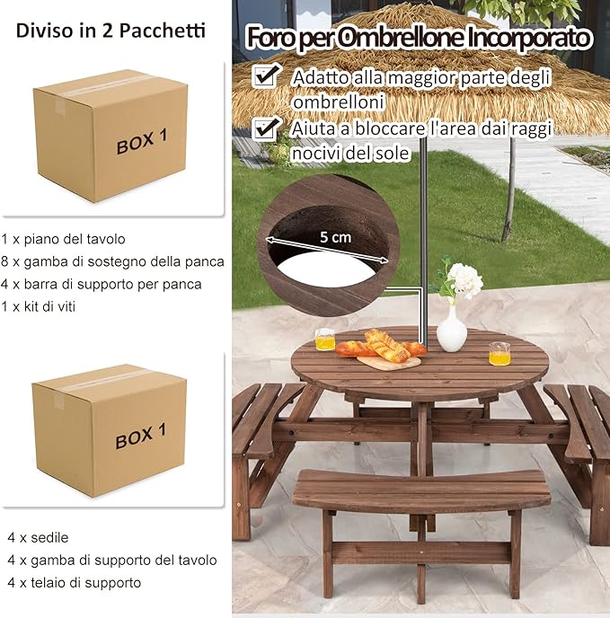 Set Tavolo da Giardino con 4 Panche Integrate, Legno Massiccio, con Foro Ombrellone, per 4-8 Persone, Tavolo Rotondo da Picnic per Esterno, Ogni Panca Porta 225 kg, 178 x 178 x 70 cm