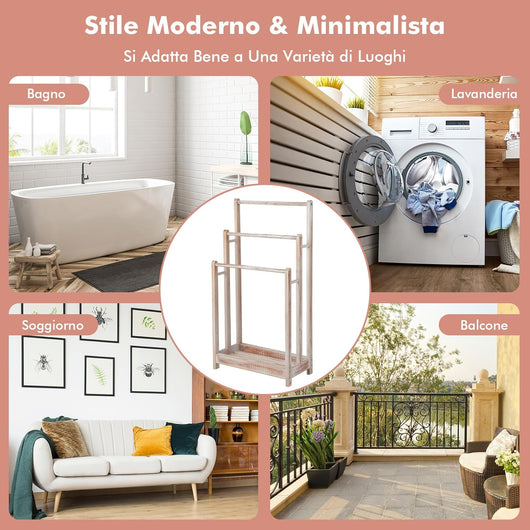 Portasciugamani in Legno da Terra, Porta Asciugamani a 3 Livelli con Mensola Inferiore, Dispositivo Anti-Ribaltamento, Supporto Leggero per Asciugamani da Bagno e Stanza Lavanderia (Bianco)