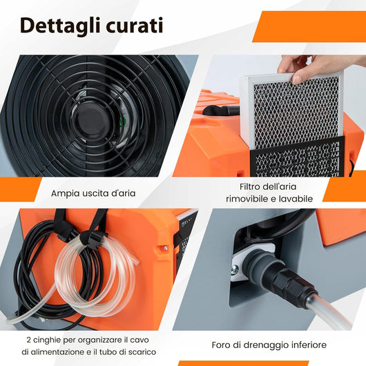 Deumidificatore Commerciale 85 L/Giorno, Deumidificatore con Pompa e Tubo di Scarico, Sbrinamento Automatico, 2 Ruote e Maniglia Pieghevole, Timer 24H, per Cantina Magazzino (Arancione)