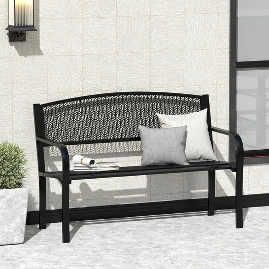 Panca da Esterno 2-3 Posti 128 cm, Panca in Metallo con Braccioli Curvi e Schienale alla Moda, Panchina Moderna in Metallo per Parco, Cortile e Giardino (Nero, 128 x 60 x 86.5 cm)