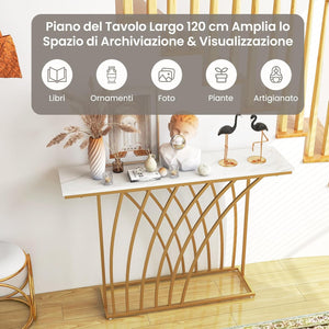 Tavolo Consolle, Tavolo da Ingresso Moderno con Piano Effetto Marmo Bianco, Base Geometrica, Tavolo Lungo e Stretto da Divano per Soggiorno e Ingresso