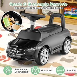 Mercedes Benz Macchinina Cavalcabile a Spinta per Bambini, Auto da Gioco con Volante Clacson e Suono, Spazio di Archiviazione, Auto a Spinta per bambini 1-3 Anni (Nero)