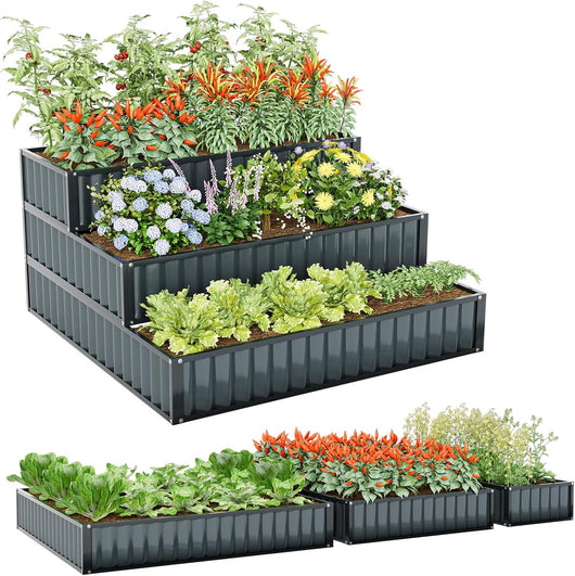 Fioriera da Giardino Rialzato a 3 Livelli, Aiuola Elevata in Metallo con Base Aperta per Ortaggi, Frutta, Fiori ed Erbe, Orto Rialzato da Giardino, Patio e Cortile, 118 x 118 x 61 cm