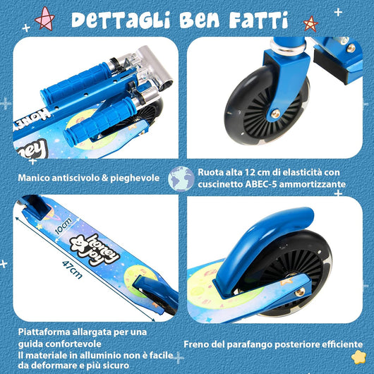 Monopattino Bambini, Monopattino Bambino e Bambina +3 Anni Pieghevole con 2 Ruote Lampeggianti, Manubrio Regolabile e Freno (Blu)