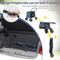 Passeggino per Cani Pieghevole, Carrello a 4 Ruote per Animali Domestici Piccoli e Medi, Trasportino Portatile con Ruote, Lucernario e Tasche, Chiusura Rapida (Blu)