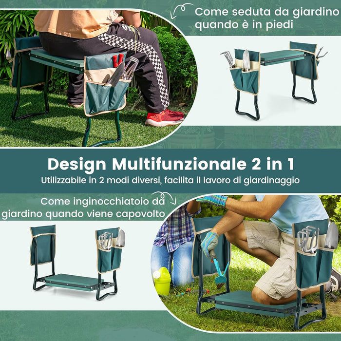 Inginocchiatoio da Giardino 2 in 1, Sgabello da Giardino Portatile e Pieghevole per Inginocchiare e Sedere, Sedile per Giardinaggio con 2 Tasche Porta Attrezzi e Materassino Ampio