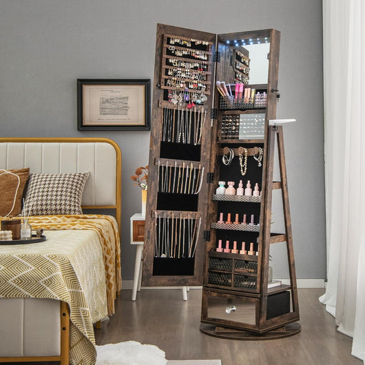 Armadietto Portagioie Girevole a 360°, Specchio Portagioie con Serratura, Supporto per Asciugacapelli, Ripiani, Luci LED e Cassetto (Industriale, 56 x 56 x 164 cm)