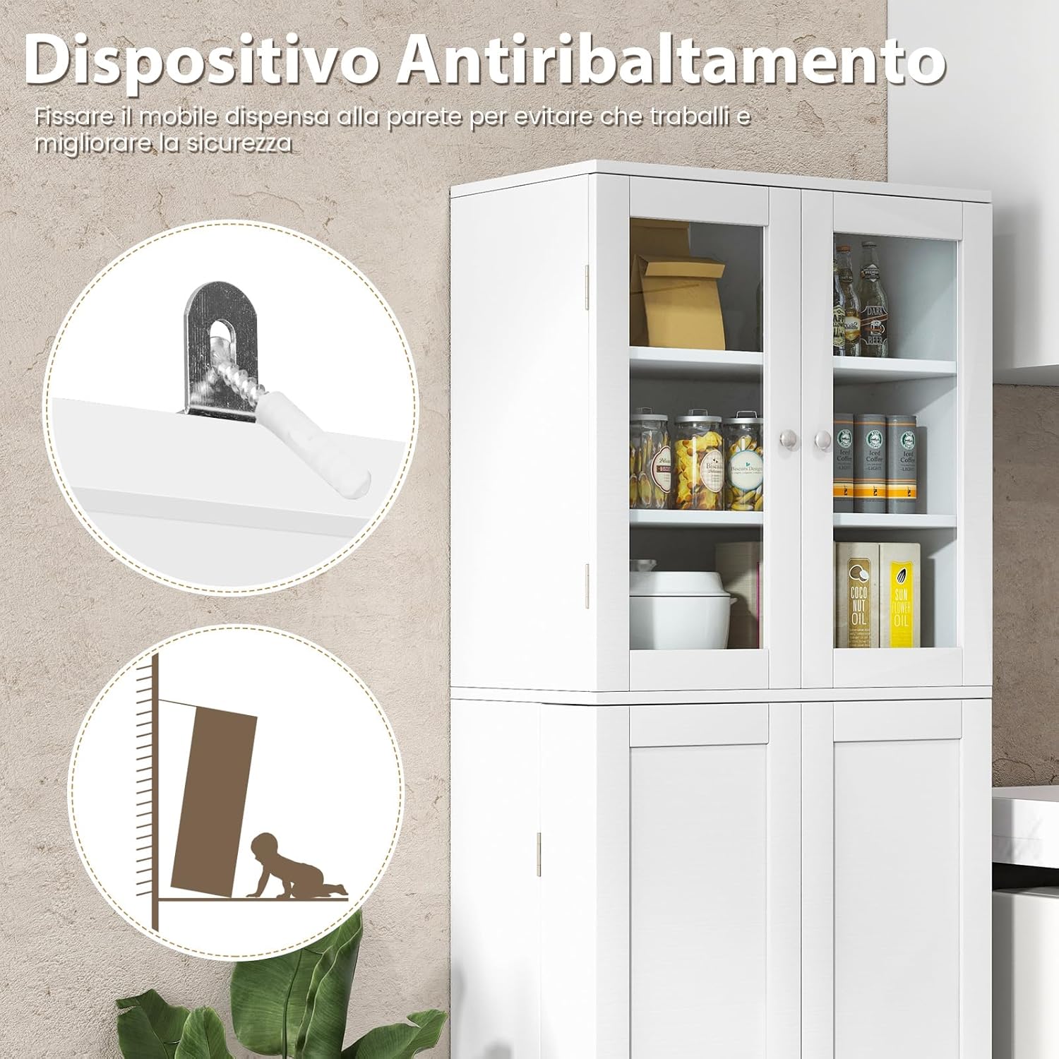Credenza da Cucina, Dispensa da Cucina con Doppia Porta in Vetro Temperato, Design Antiribaltamento, Ideale per Soggiorno Sala da Pranzo e Cucina, 60x31,5x161,5 cm (Bianco)