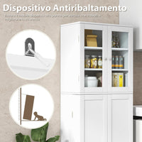 Credenza da Cucina, Dispensa da Cucina con Doppia Porta in Vetro Temperato, Design Antiribaltamento, Ideale per Soggiorno Sala da Pranzo e Cucina, 60x31,5x161,5 cm (Bianco)