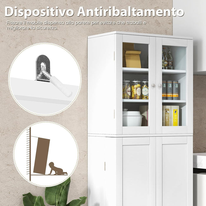 Credenza da Cucina, Dispensa da Cucina con Doppia Porta in Vetro Temperato, Design Antiribaltamento, Ideale per Soggiorno Sala da Pranzo e Cucina, 60x31,5x161,5 cm (Bianco)