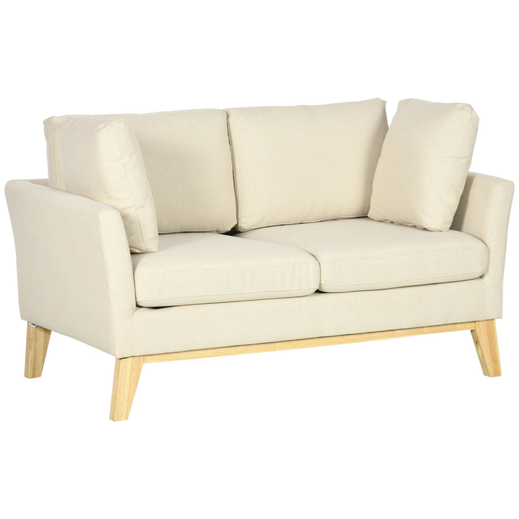 EasyComfort Divano da 2 Posti in Legno di Eucalipto e Tessuto Effetto Lino con 2 Cuscini, 137x78x78 cm, Beige