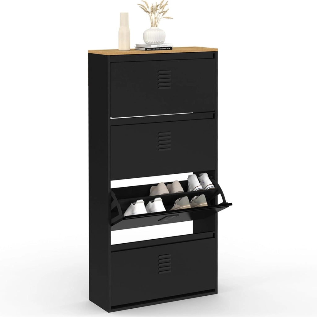 Scarpiera ESTER, capacità massima 24 paia, 4 ante in metallo nero e piano in legno dal design industriale