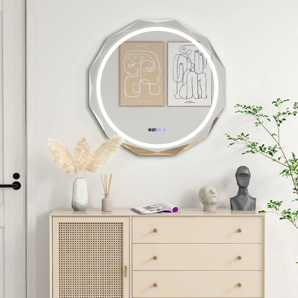 Specchio da Parete 76 x 76cm, Specchio Rotondo con Merletto con Temperatura di 3 Colori Continuamente Regolabili, Resistente agli Urti, Memoria, Lettura di Tempo e Temperatura