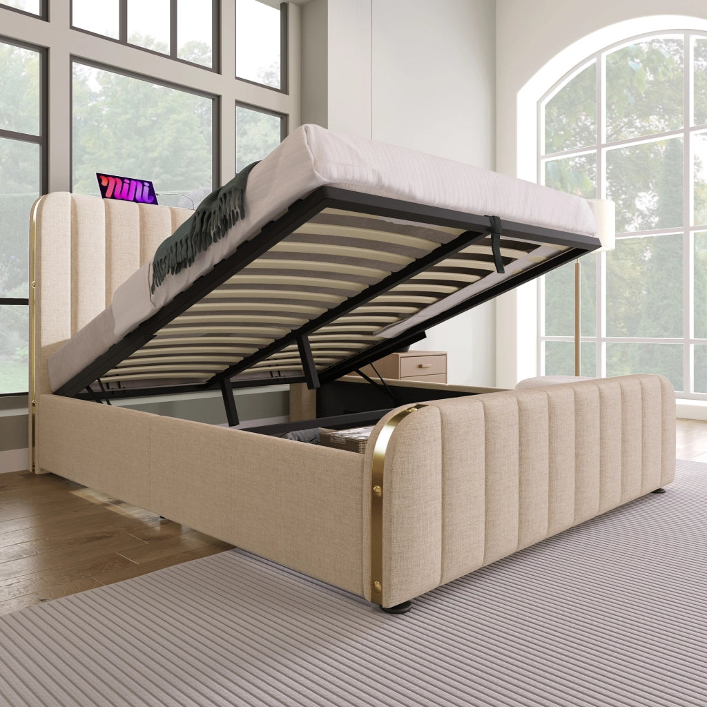 LETTO Contenitore 140x200 cm in lino beige con materasso incluso