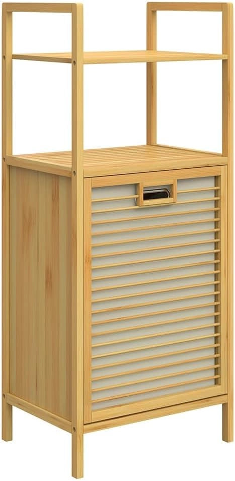 Mobile da Bagno con Cesta per Biancheria 36l Armadietto in Bambù 2 Ripiani con Cesto Panni Mobiletto Portabiancheria 95x40x30cm