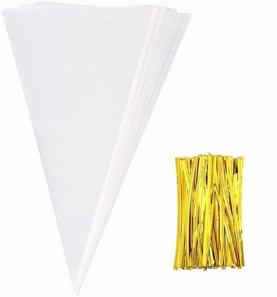 Borse di Caramella 100 pezzi - Sacchetti trasparenti 25 x 13 cm - Borse di Regalo - Sicure per Alimenti - Ideali per Feste - Inclusi 100 Nastri - Borse di Regalo