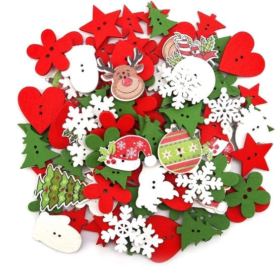 100 pezzi di legno di Natale, bottoni per cucire, bottoni piatti con 2 fori per progetti di artigianato e ricamo, decorazioni natalizie, diverse misure e stili.