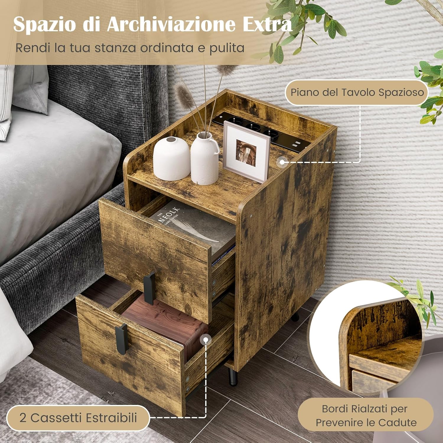 Comodino con Stazione di Ricarica, Comodino con 2 Cassetti, 2 Porte USB e 3 Prese, Tavolino Leterale con Gambe in Metallo, Portata Tolate 20 kg, 32 x 40 x 60 cm (2, Caffè)