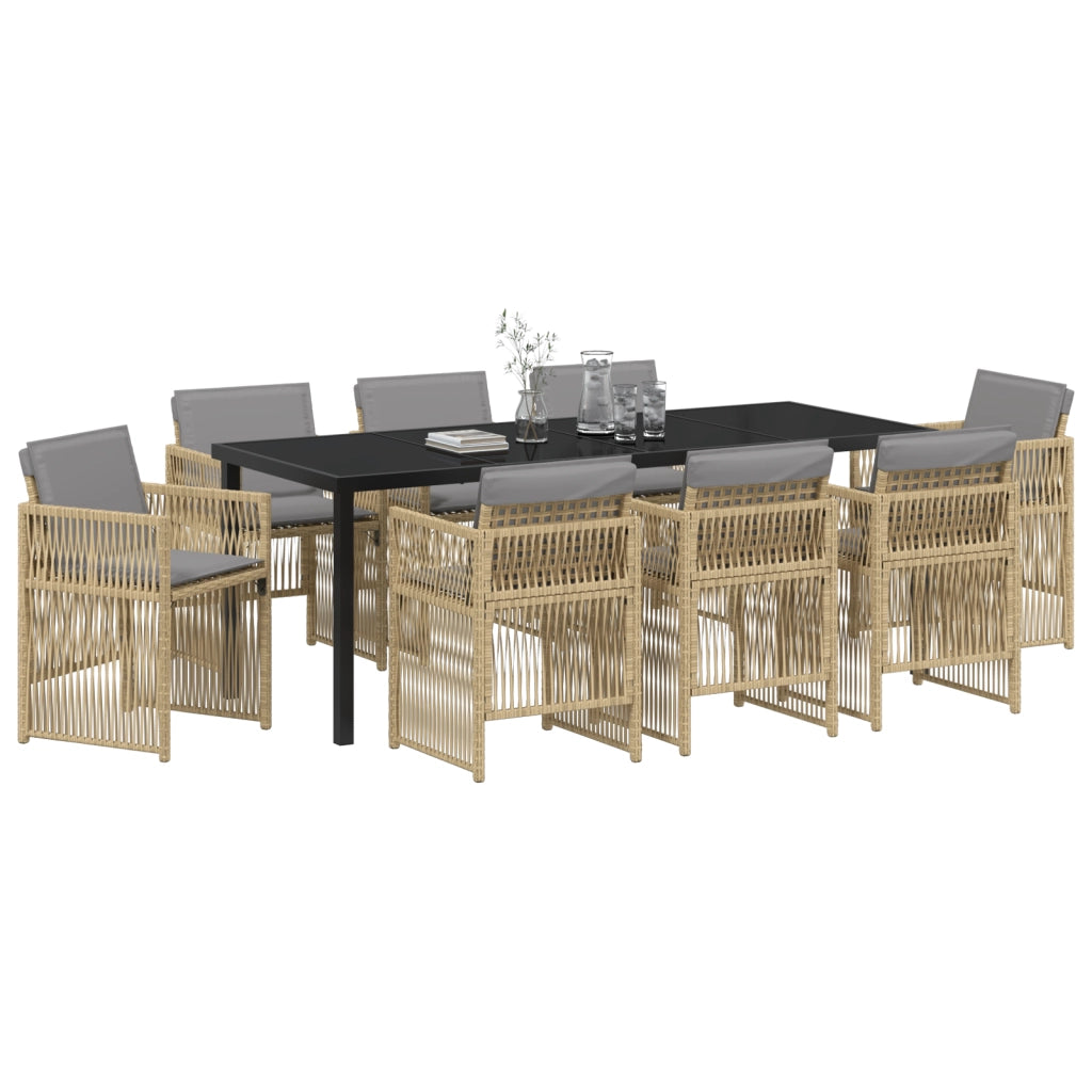 Set da Pranzo da Giardino  9 Pezzi con Cuscini Beige in Rattan Polietilene