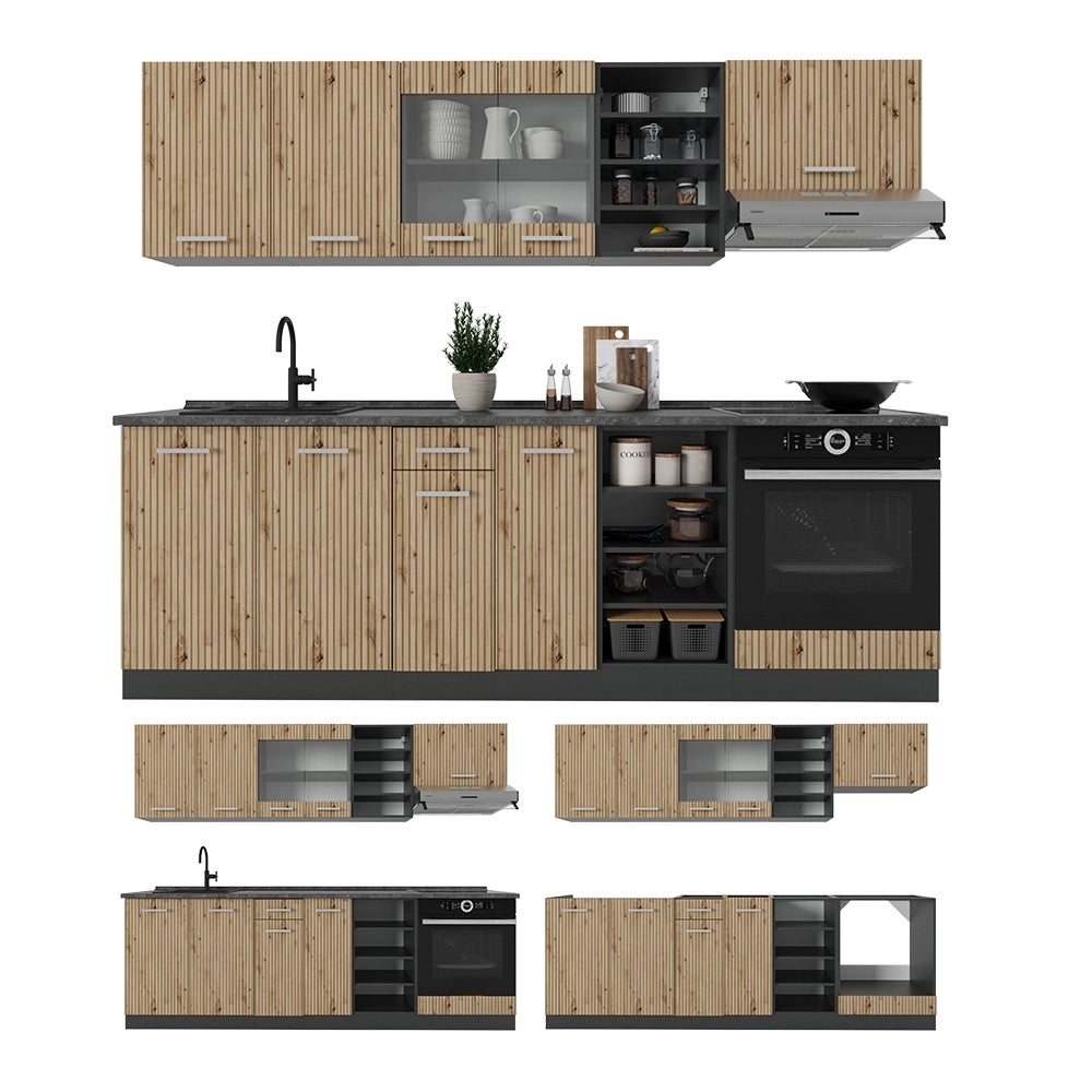 Cucina componibile R-Line Rovere artigianale/Antracite 240 cm, PL Marmo Vicco
