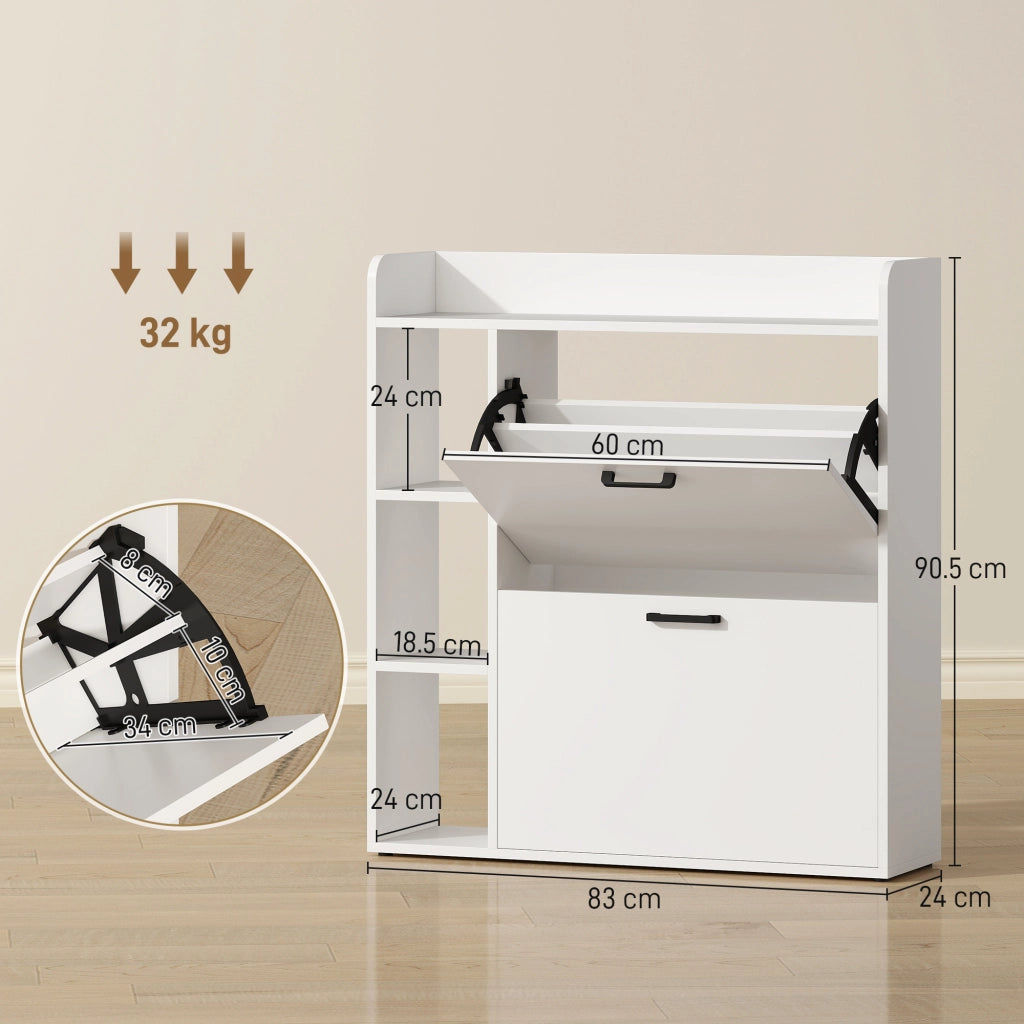 Scarpiera Slim 83x24x90.5 cm per 15 Scarpe con 2 Cassetti Ribaltabili e 3 Vani Aperti Bianco