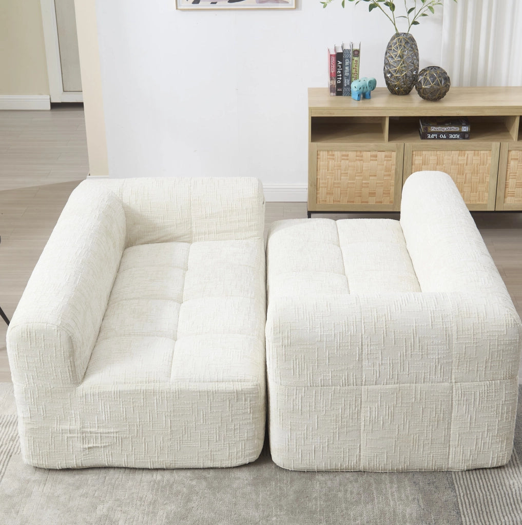 Divano chaise longue in ciniglia beige con tasche laterali e cuscino incluso