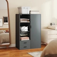 Armadio Moderno con 2 Cassetti, Ripiani Aperti e Vano Appendiabiti, 80x50x124 cm, Grigio Scuro