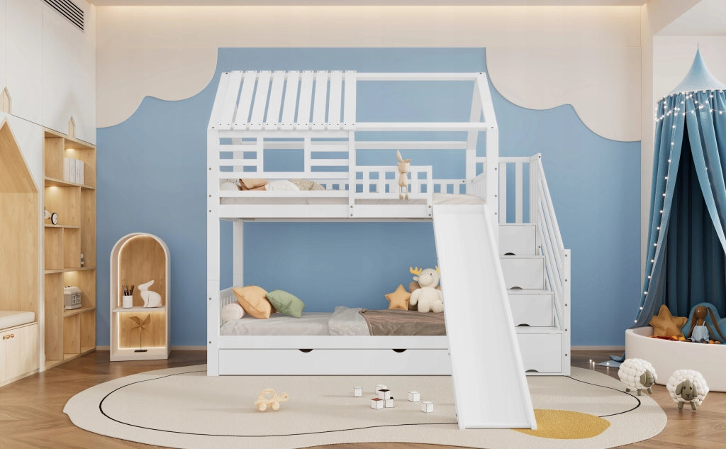 Letto a castello per bambini - Xylo - 90x200cm - Bianco - Scivolo