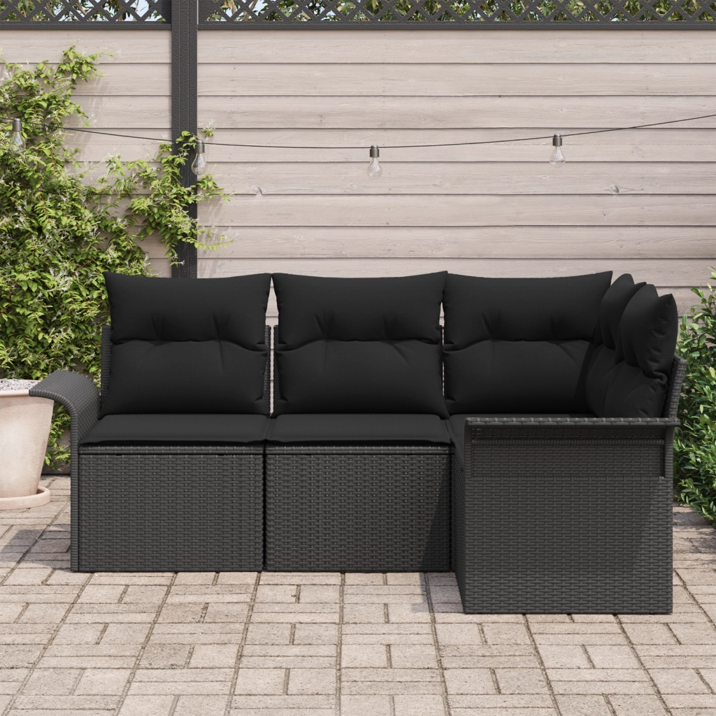 Set Divano Giardino 4 Pezzi con Cuscini Rattan Nero Polirattan