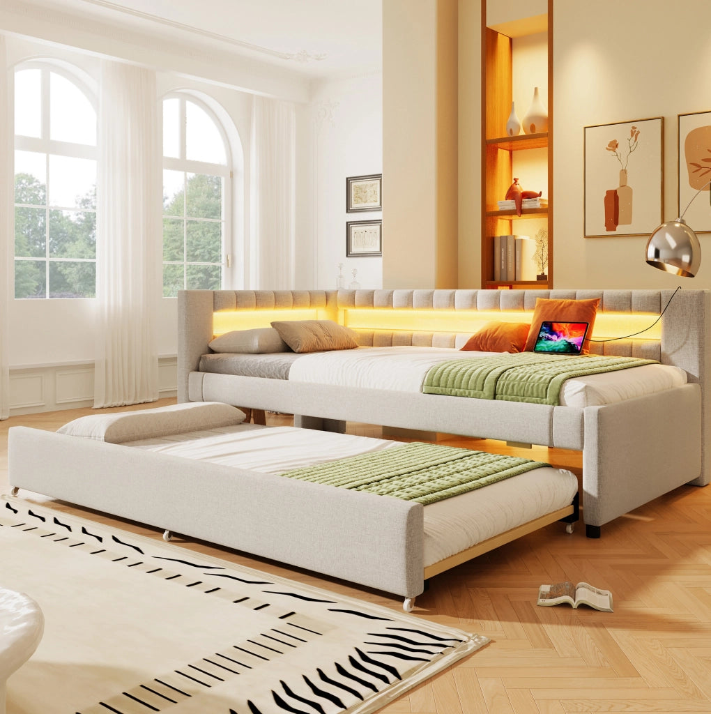 Divano letto beige 90 x 200 cm con letto estraibile, LED, USB e Type-C
