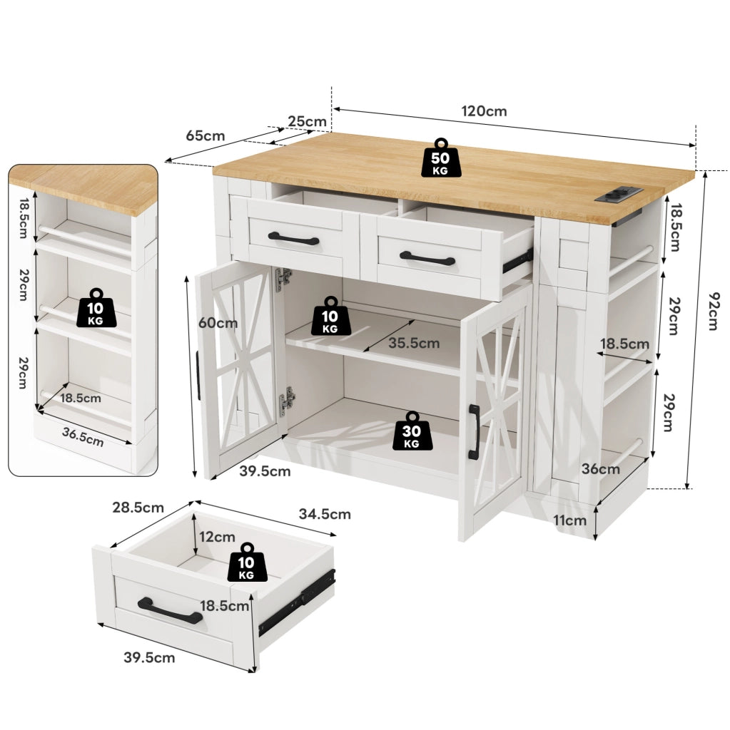 Isola da cucina mobile 120 cm con tavolo pieghevole e prese