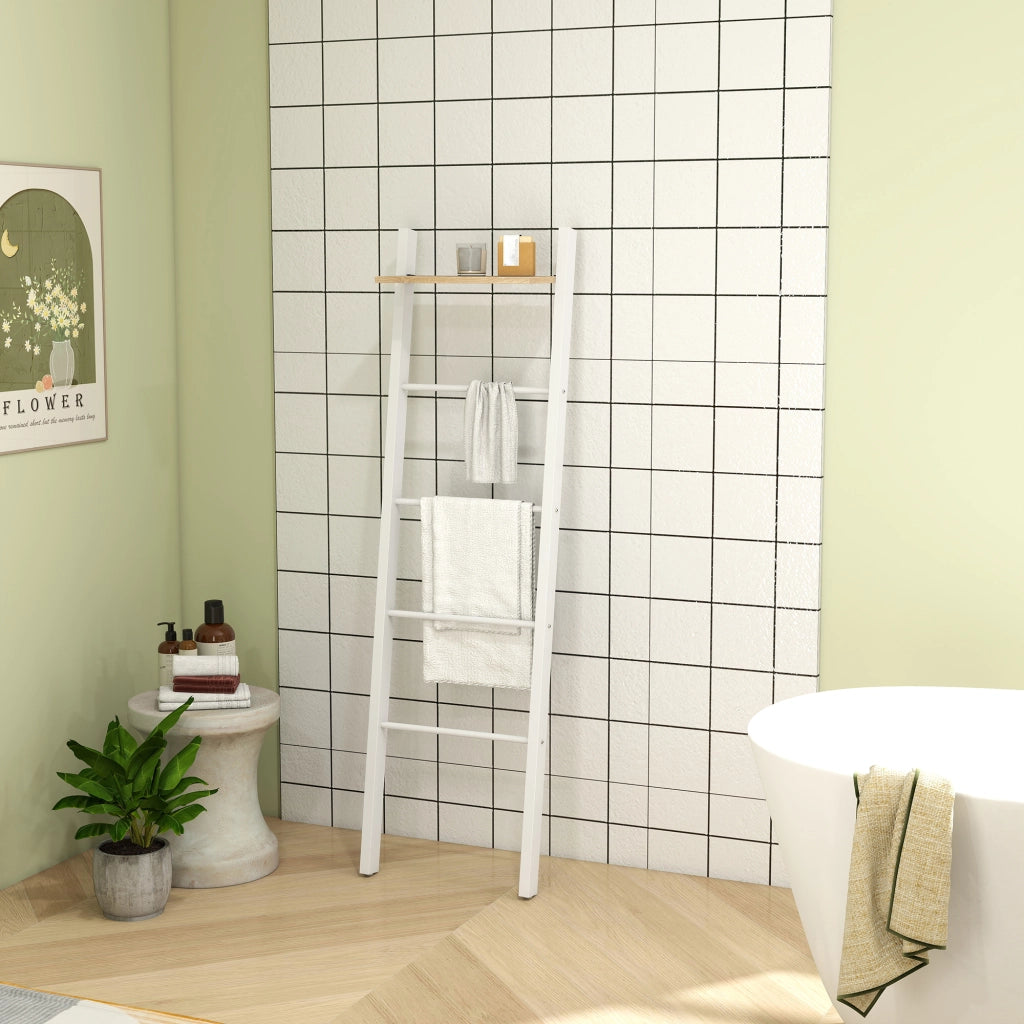 Scala Portasciugamani con Ripiano e 4 Barre ¨C zephmum ¨C Bianco e Rovere 43x20x151 cm