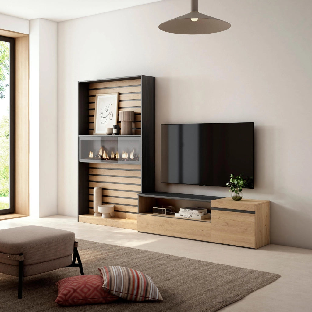 Mobile TV, Soggiorno, 260x35x186cm, Per TV fino a 65", Camino elettrico, colore Rovere e nero RF3156